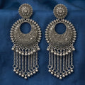 Antique Oxidised  Floral Chandbali Earrings with Long Chain Ghungroos