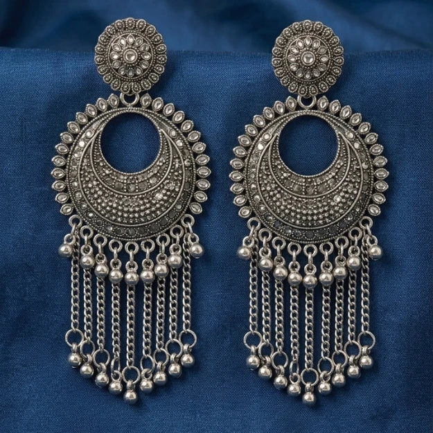 Antique Oxidised  Floral Chandbali Earrings with Long Chain Ghungroos